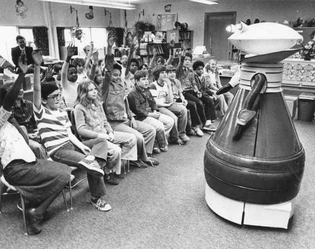 Students at Page Elementary School learn nutrition from a robot.